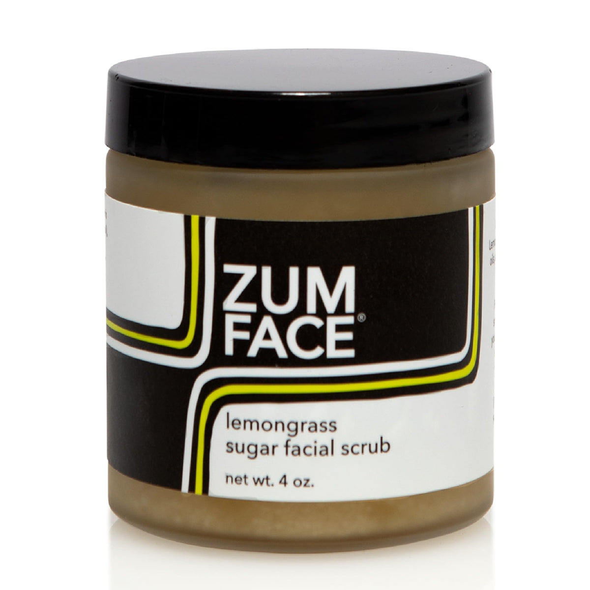 Zum front packaging showing jar and lemongrass scent for fresh exfoliation