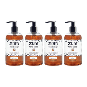 Zum front packaging showing four amber soap bottles and convenient pump access