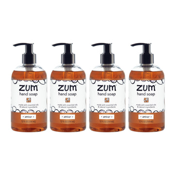 Zum front packaging showing four amber soap bottles and convenient pump access