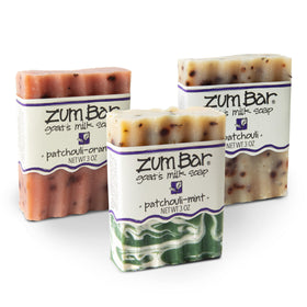 Zum front packaging showing patchouli blend and 3 oz bar benefit clear branding