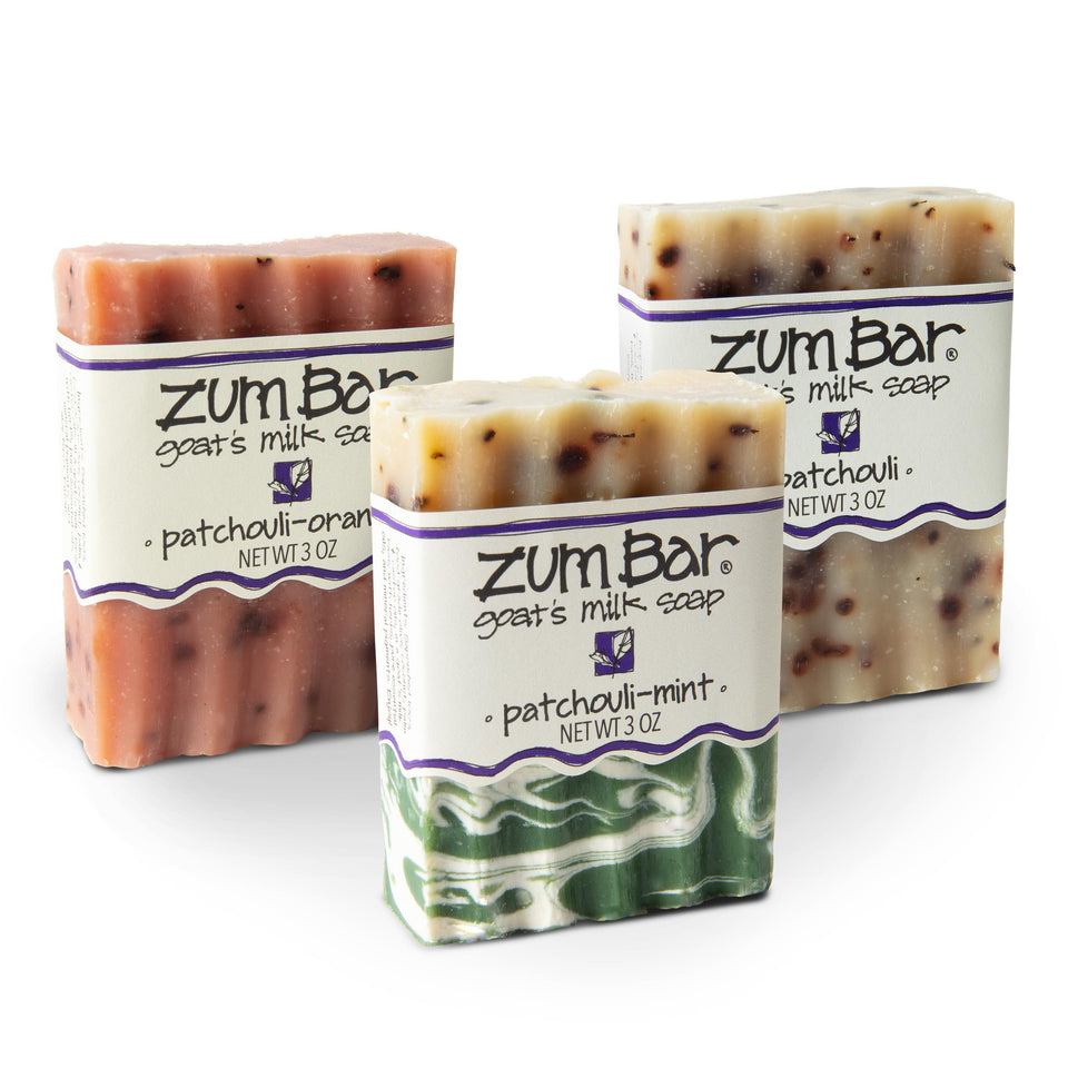 Zum front packaging showing patchouli blend and 3 oz bar benefit clear branding