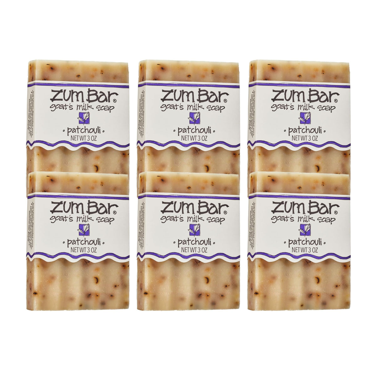 Zum soap front packaging showing patchouli scent and 3 oz bar benefit