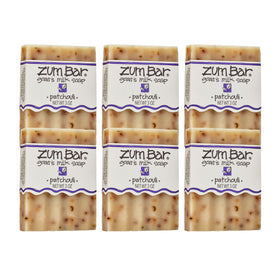 Zum soap front packaging showing patchouli scent and 3 oz bar benefit