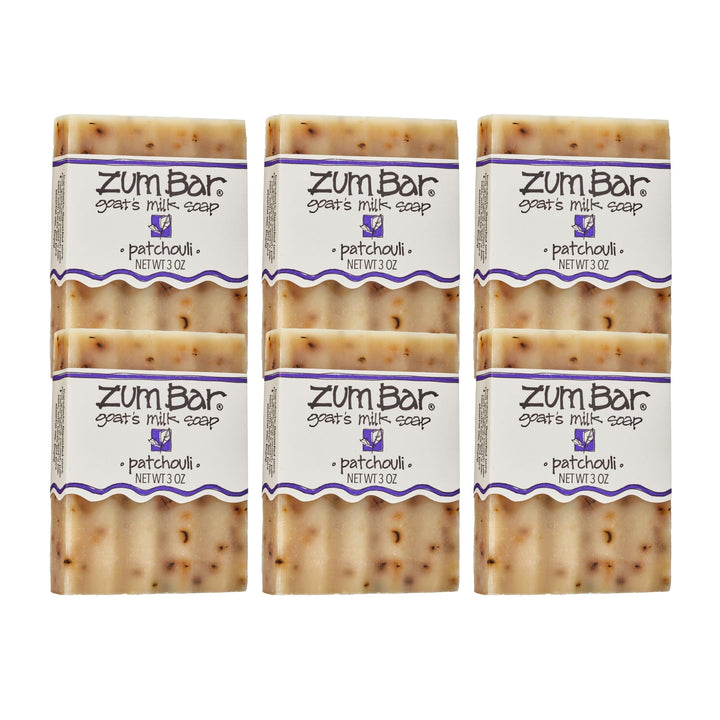 Zum soap front packaging showing patchouli scent and 3 oz bar benefit