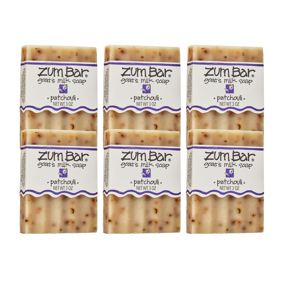 Zum soap front packaging showing patchouli scent and 3 oz bar benefit