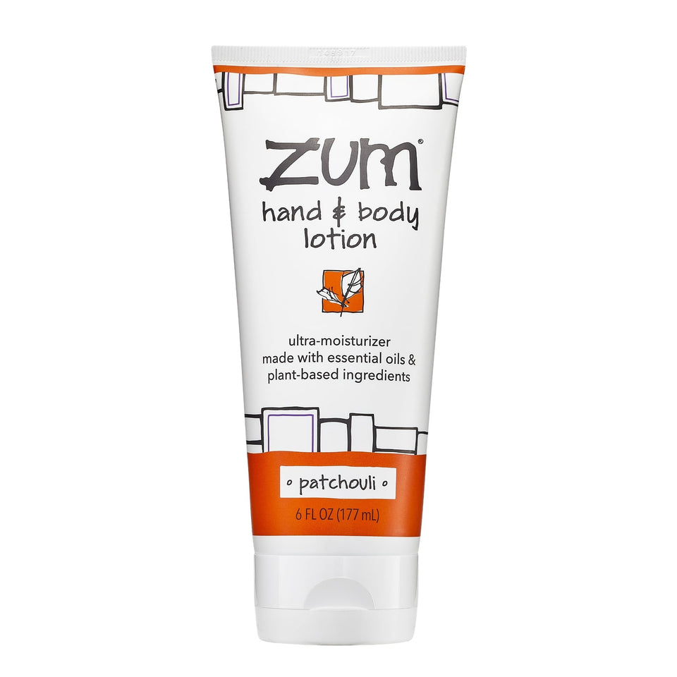 Zum patchouli front packaging shows bottle and label, clear natural branding and benefit