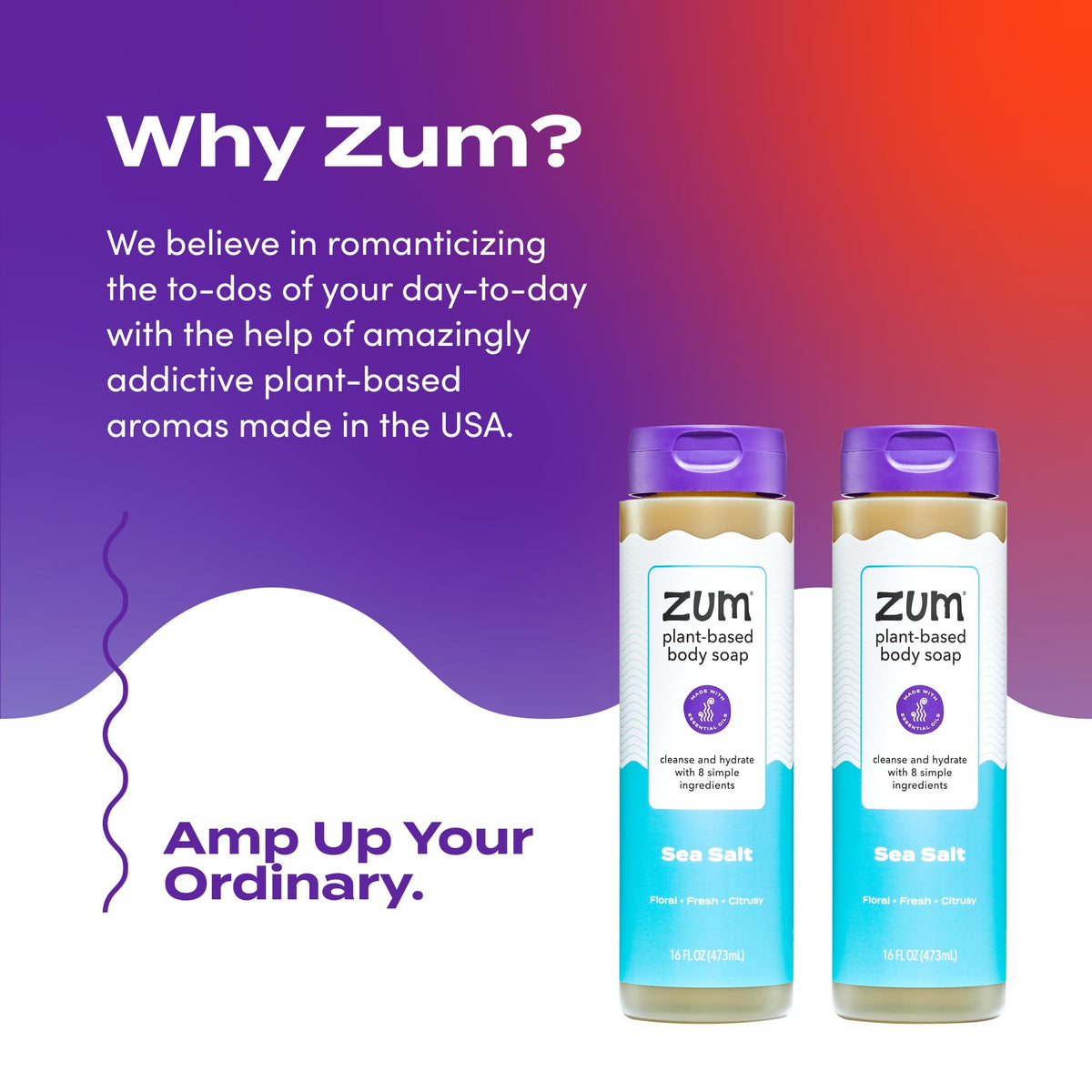 Zum bottle styled on bathroom shelf conveying lifestyle freshness and décor-friendly benefit