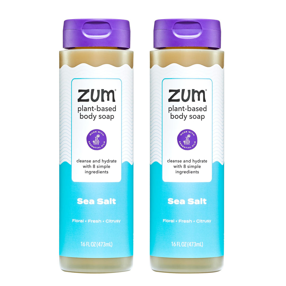 Zum bottle front label showing sea salt scent and clean design benefits clear identification