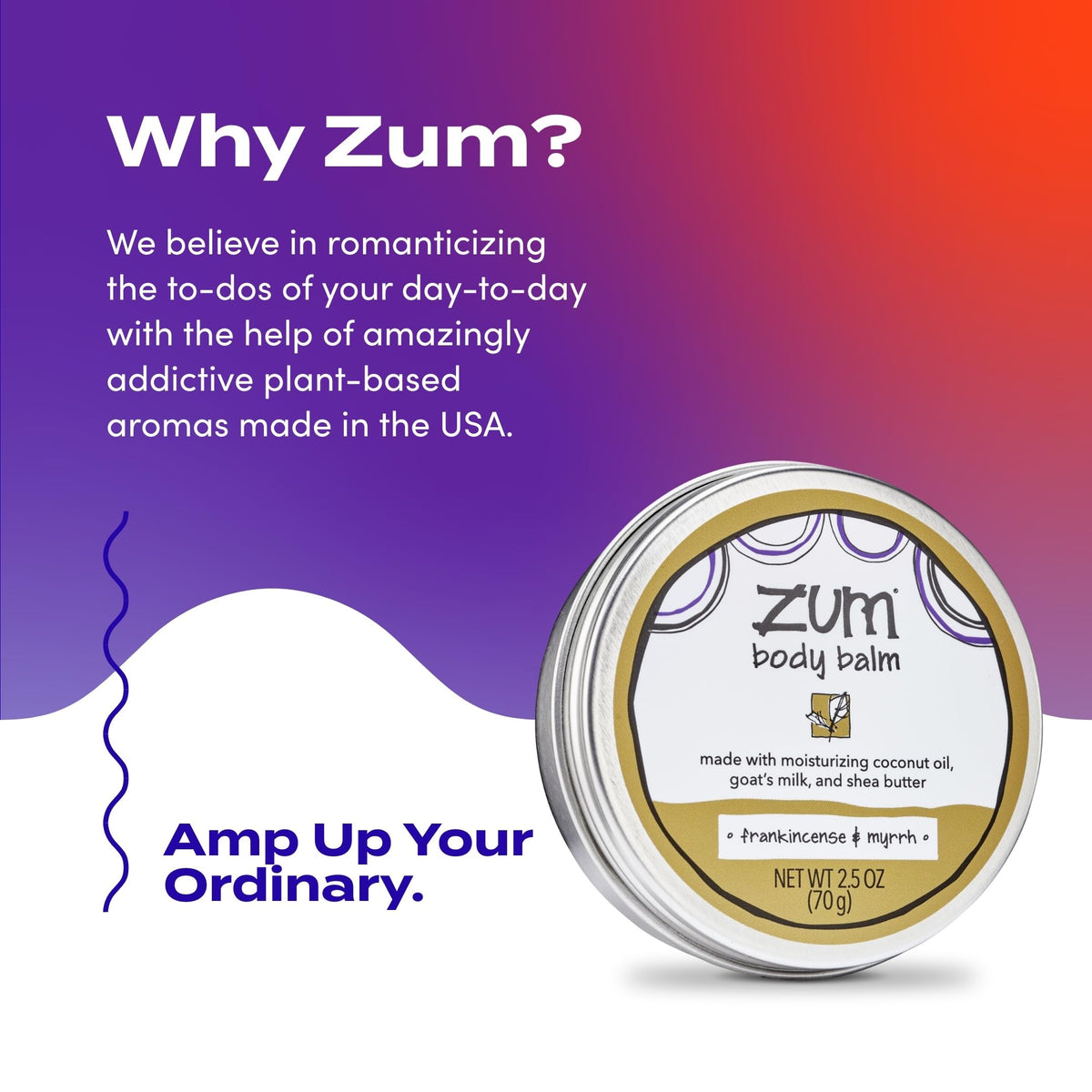 Zum tin beside ruler showing 2.5 oz compact size for portability