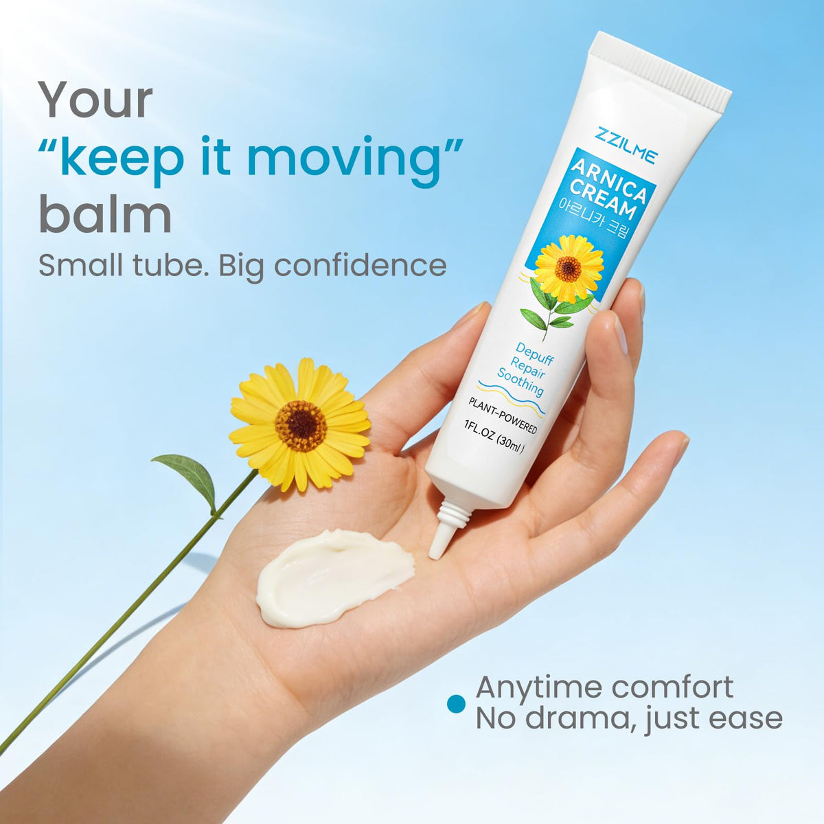 ZZILME arnica montana flower with product, connects botanical source to formula