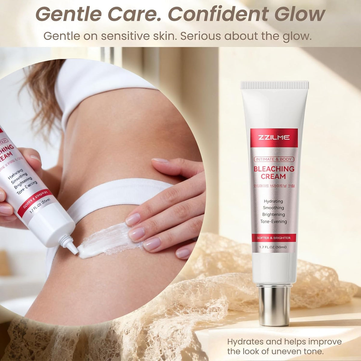 ZZILME open tube close-up showing smooth cream texture and absorption