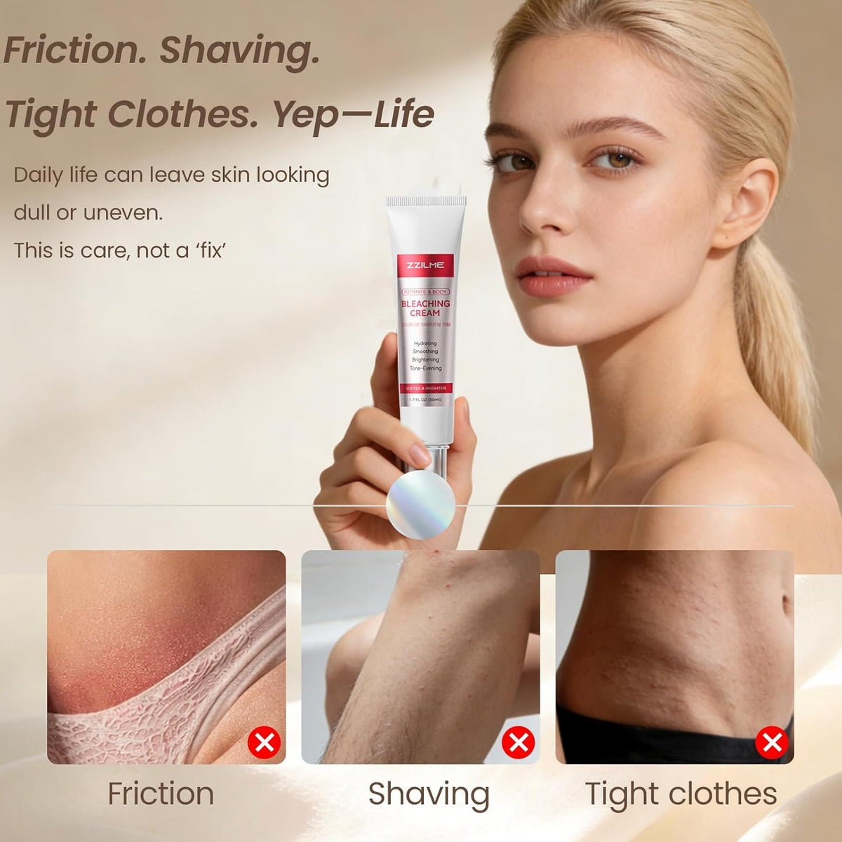 ZZILME applied to underarm in lifestyle shot, showing gentle brightening care